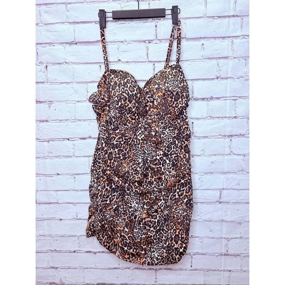 Swimsuits For All Womens Black Brown Leopard Print Swimsuit One-Piece Size 24